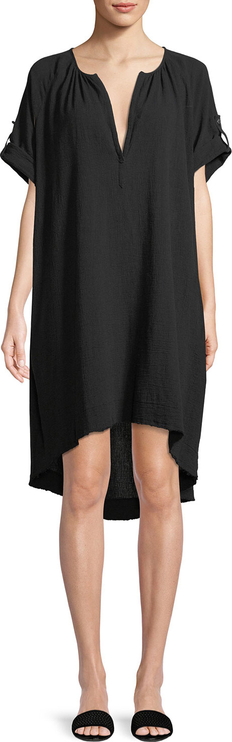 ATM Anthony Thomas Melillo Split-Neck Short-Sleeve Cotton Gauze Short Dress