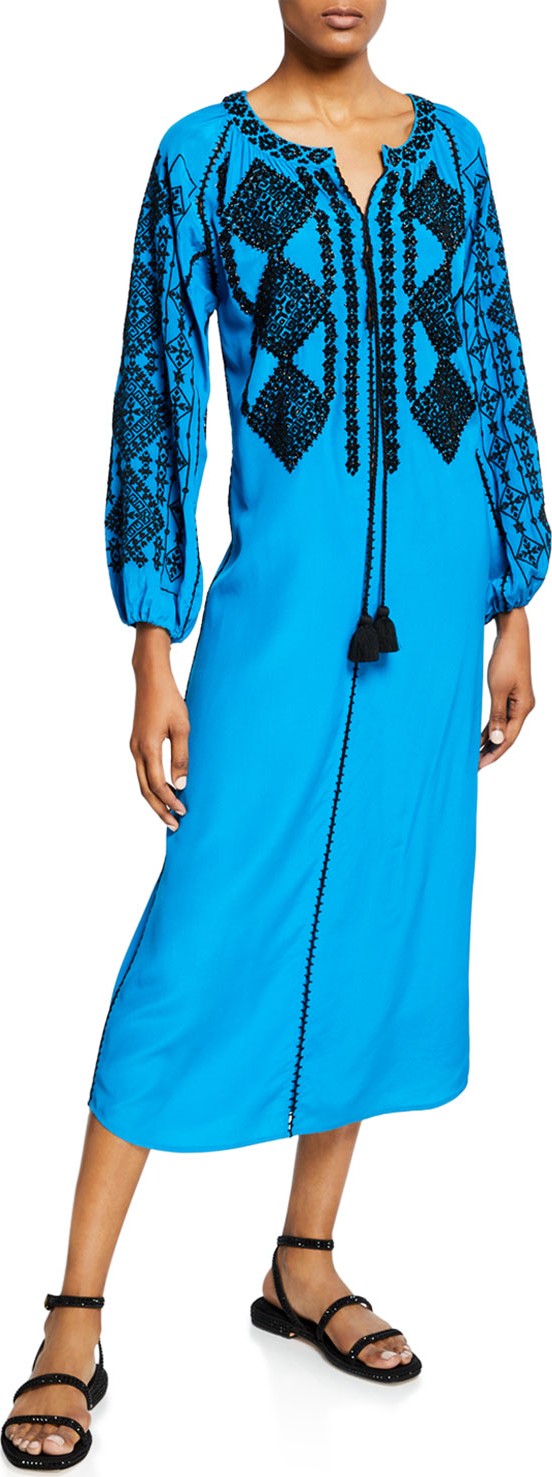 FIGUE Lana Long-Sleeve Diamond Embroidered Silk Caftan Dress
