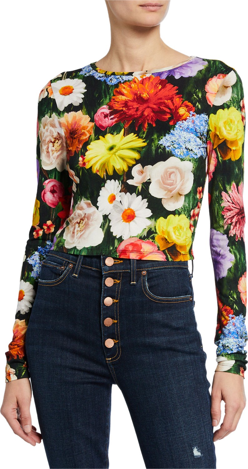 Alice + Olivia Delaina Floral-Print Long-Sleeve Crop Top