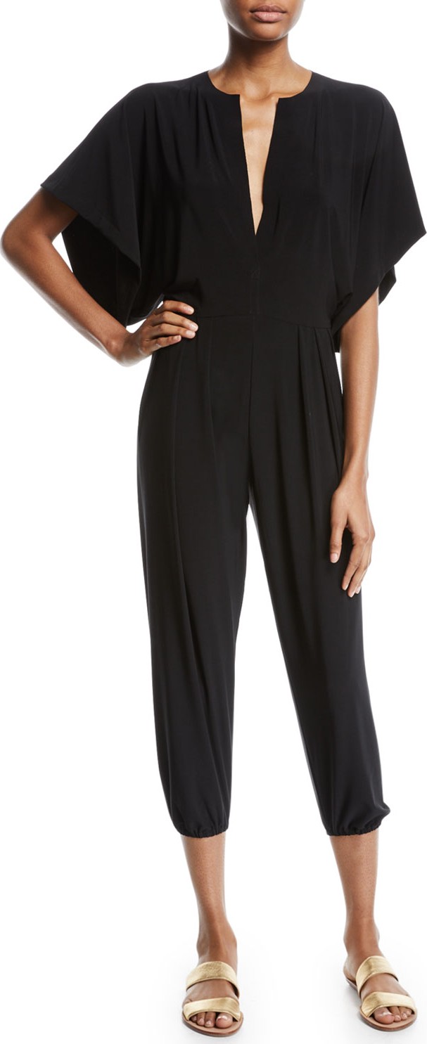 Norma Kamali Rectangle Plunging Kimono-Sleeve Jogger Jumpsuit
