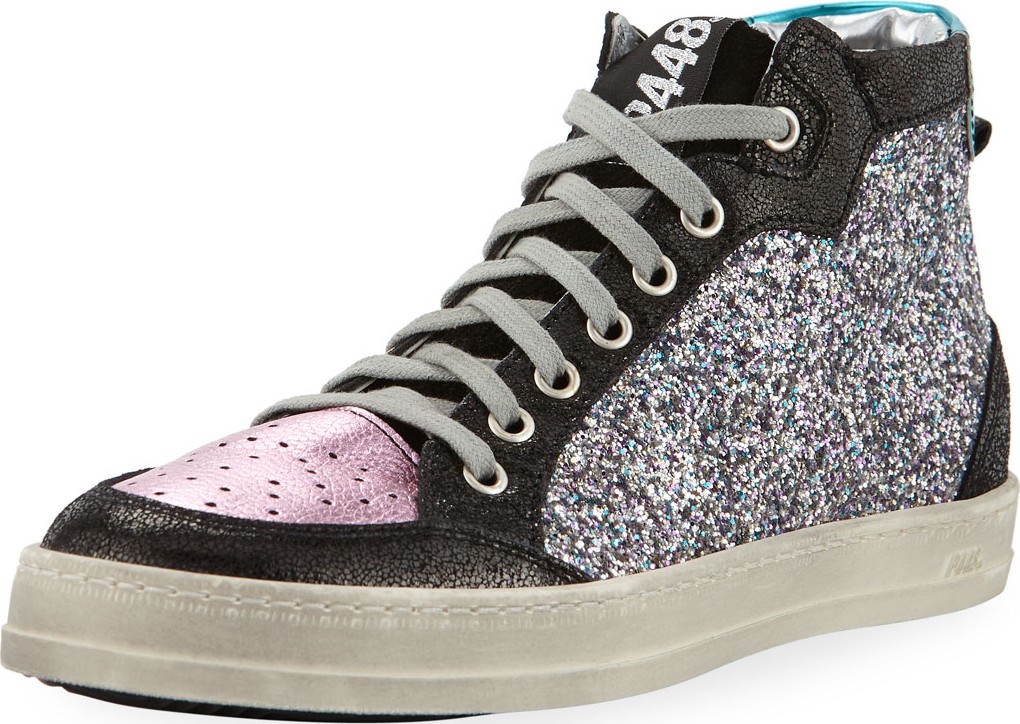 P448 Love Glitter & Leather High-Top Sneakers