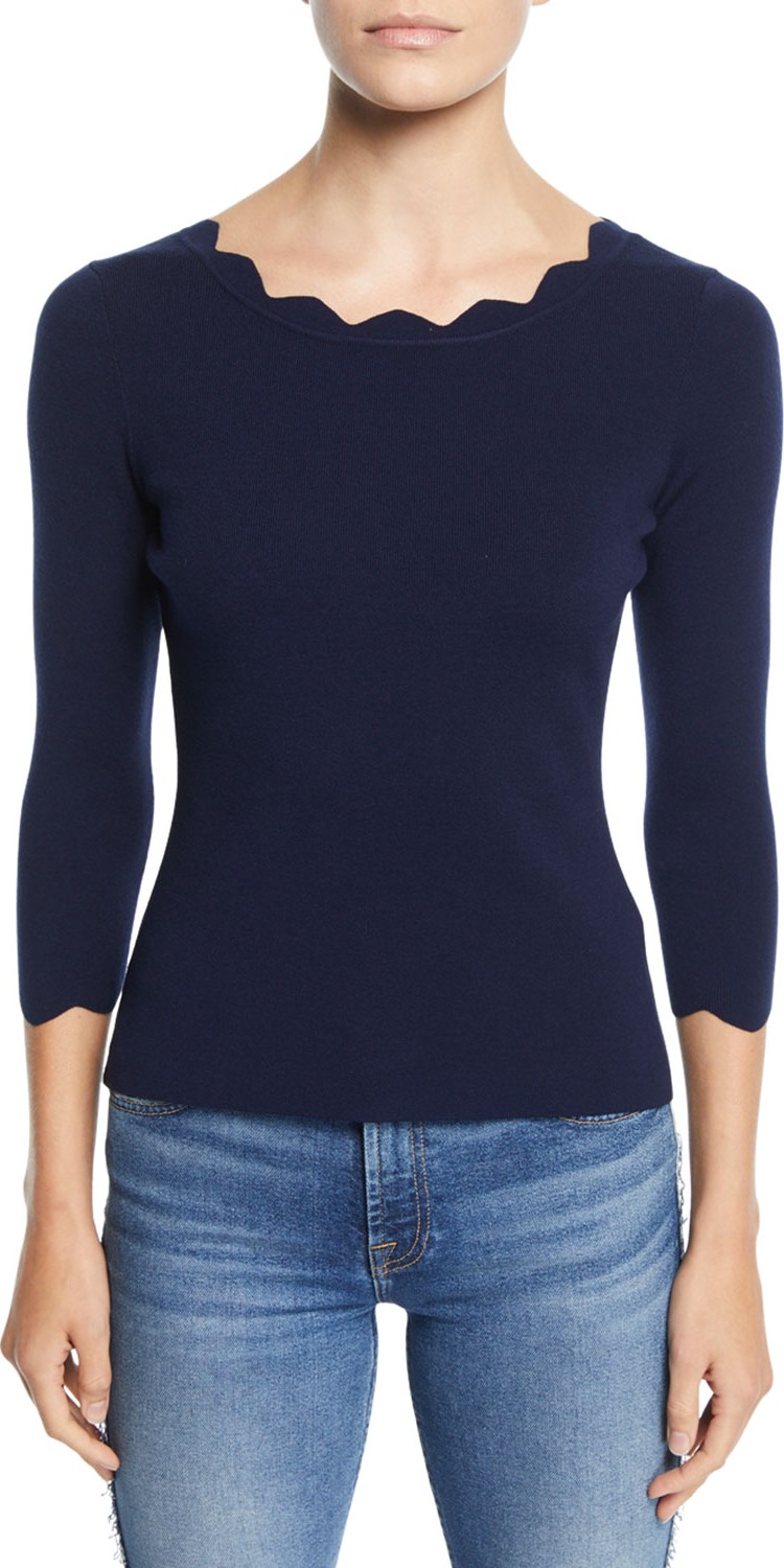 MILLY Scalloped-Neck 3/4-Sleeve Pullover