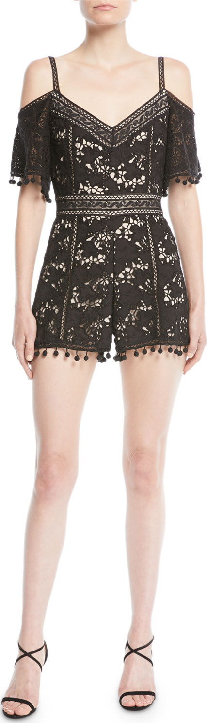 Alice + Olivia Drixa Cold-Shoulder Lace Romper