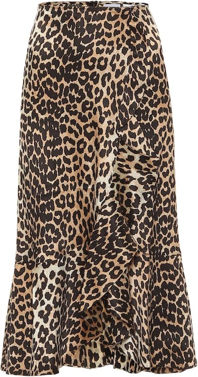 Ganni Leopard-print stretch-silk midi skirt