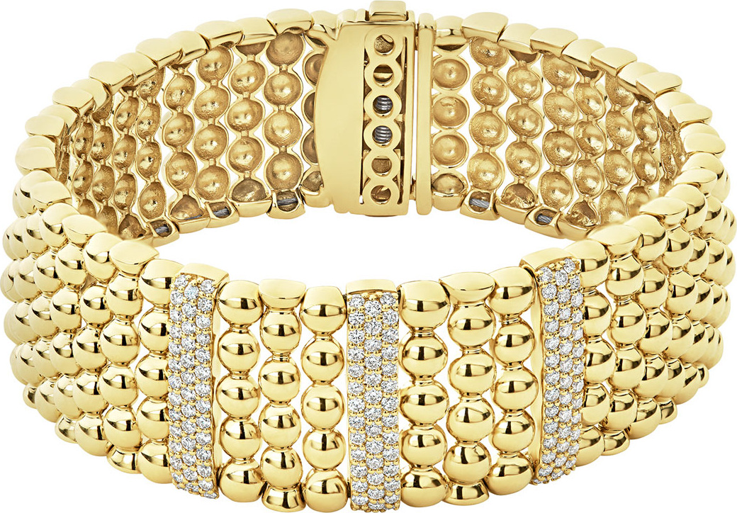 LAGOS 18k Caviar Gold Wide Rope Bracelet w/ Three Diamond Plates
