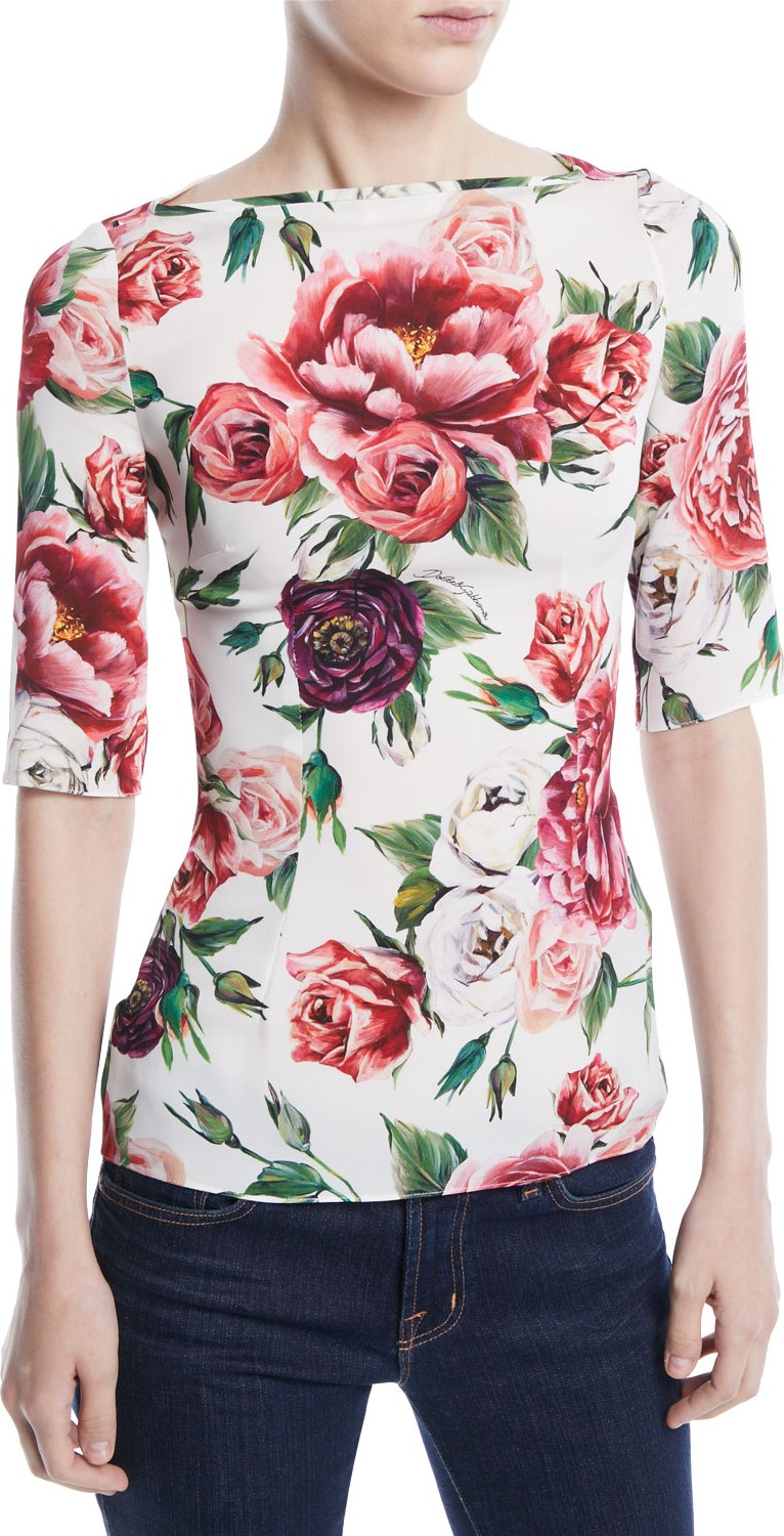Dolce & Gabbana Elbow-Sleeve Rose Peony-Print Fitted Charmeuse Blouse