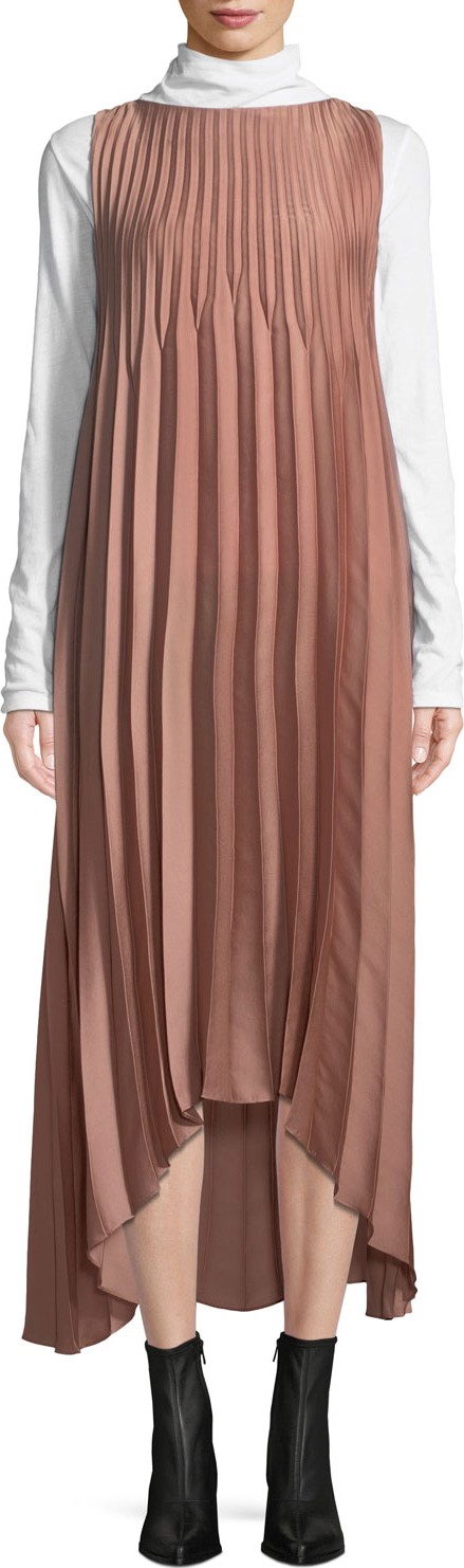 Vince Pleated Self-Tie High-Low Midi Dress