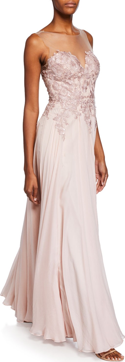 Catherine Deane Misha Sweetheart Illusion Sleeveless Silk Chiffon Gown w/ Applique Bodice