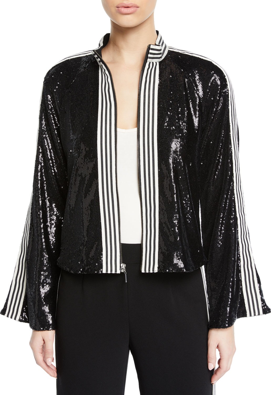 Nanette Lepore Le Freak Long-Sleeve Sequin Jacket w/ Striped-Trim