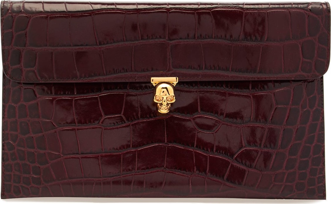 Alexander McQueen Skull crocodile-embossed leather envelope pouch