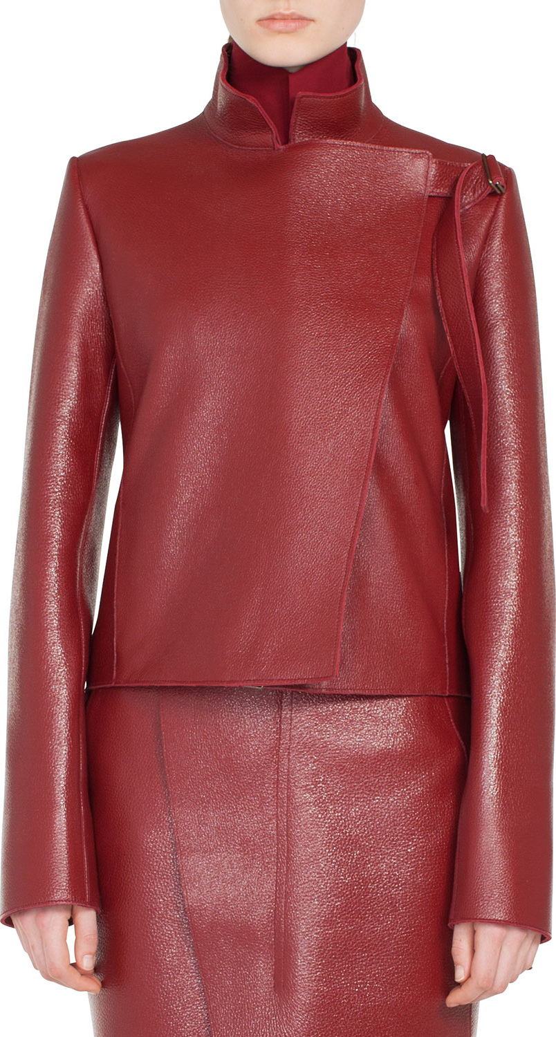 Akris Steffon Mock-Neck Asymmetric Front Panel Deer-Leather Short Jacket