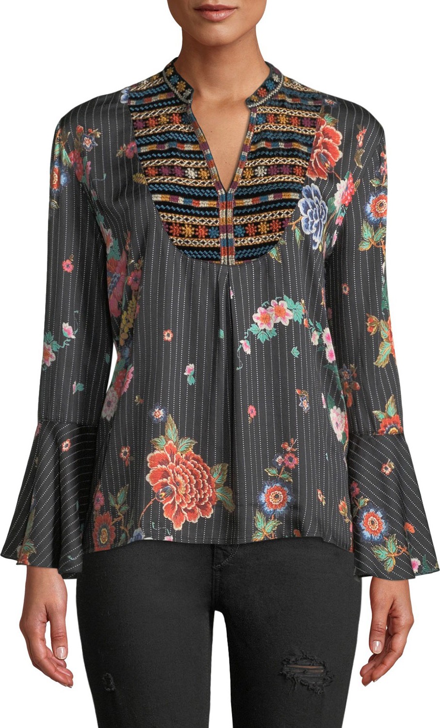 Johnny Was Spanish Steps Velvet-Trim Blouse