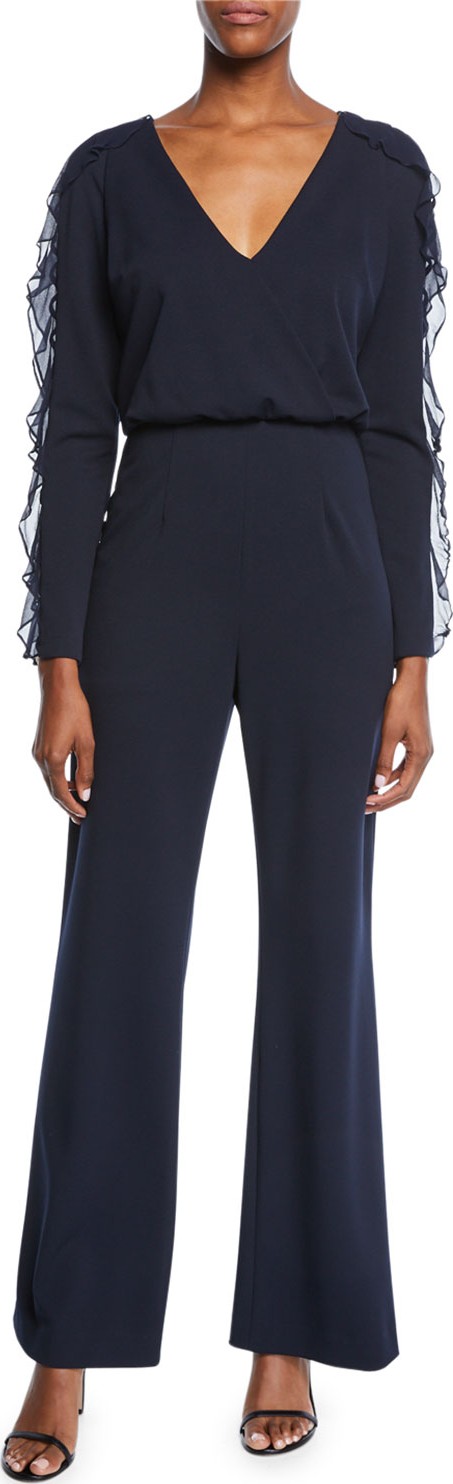 Aidan Mattox V-Neck Long-Sleeve Crepe Jumpsuit w/ Ruffle Detail
