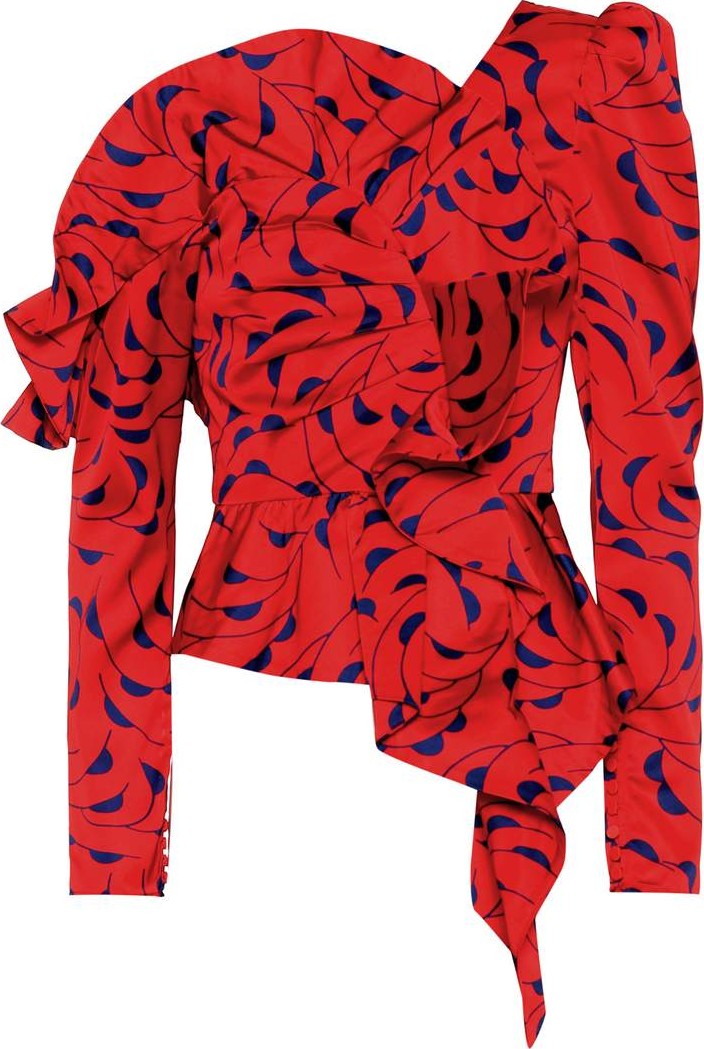 Self Portrait Printed satin one-shoulder top