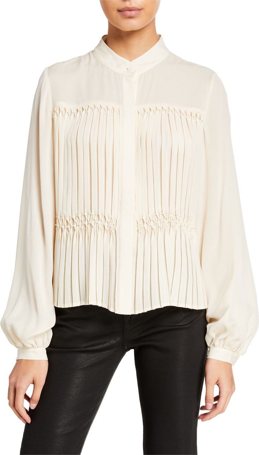 FRAME DENIM Honeycomb Smocked Silk Shirt