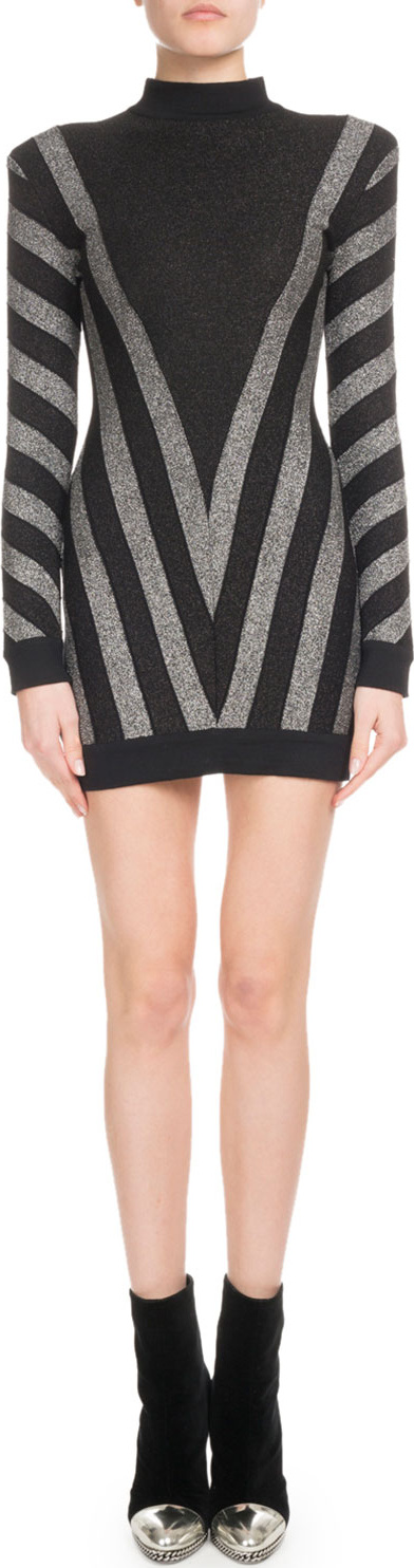 Balmain High-Neck Long-Sleeve Metallic Chevron Knit Cocktail Dress