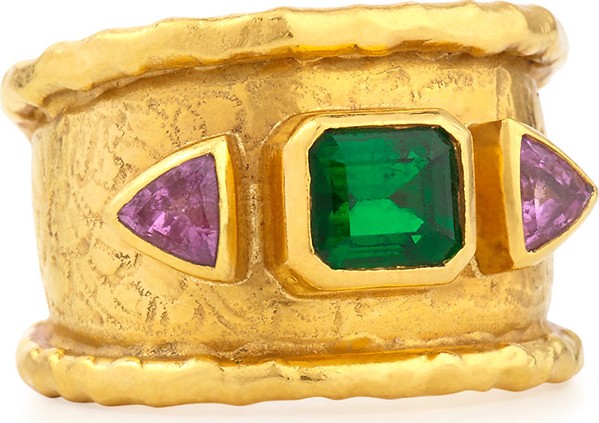 Jean Mahie 22K Emerald & Pink Sapphire Ring, Size 8