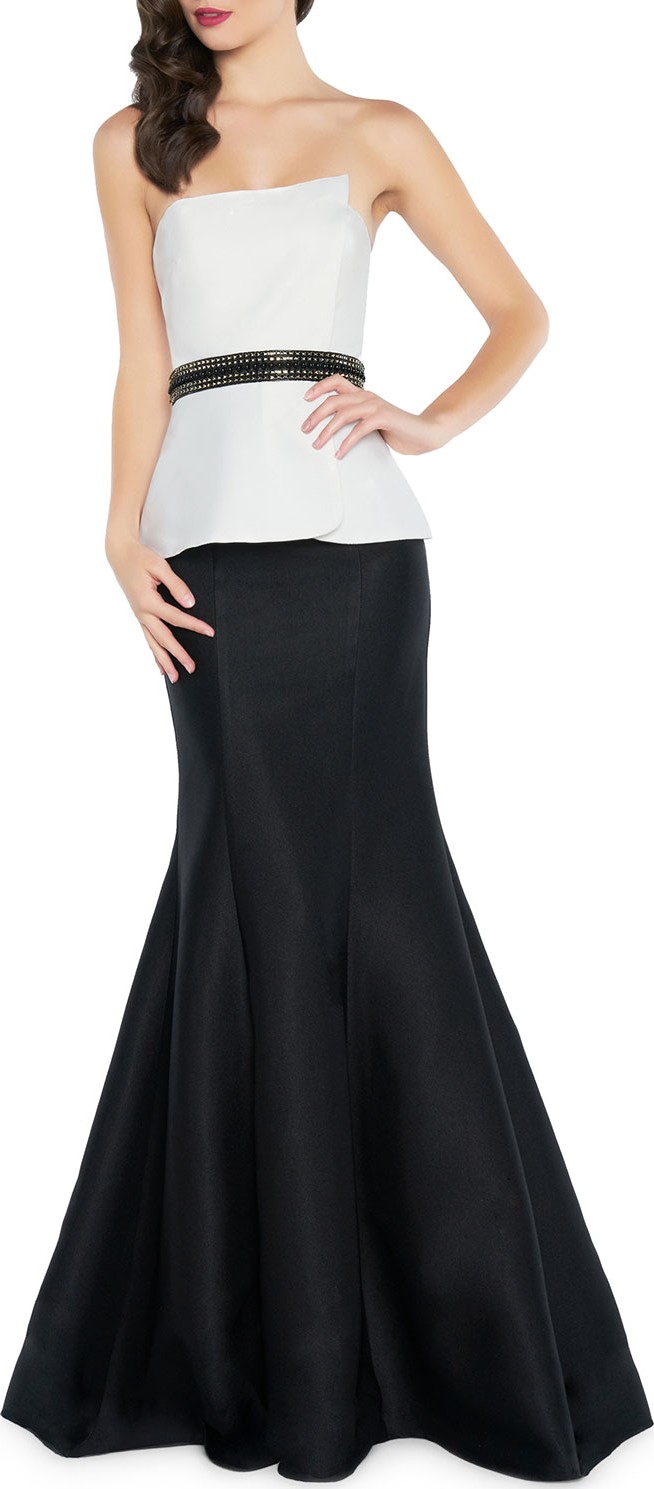 Mac Duggal Strapless Colorblock Peplum Mermaid Gown w/ Beaded Belt