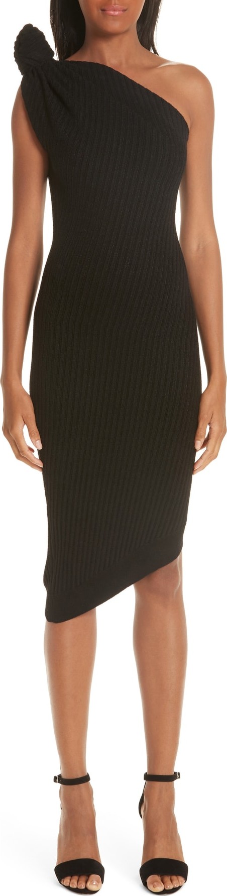 Brandon Maxwell Rib Knit Knotted One-Shoulder Dress