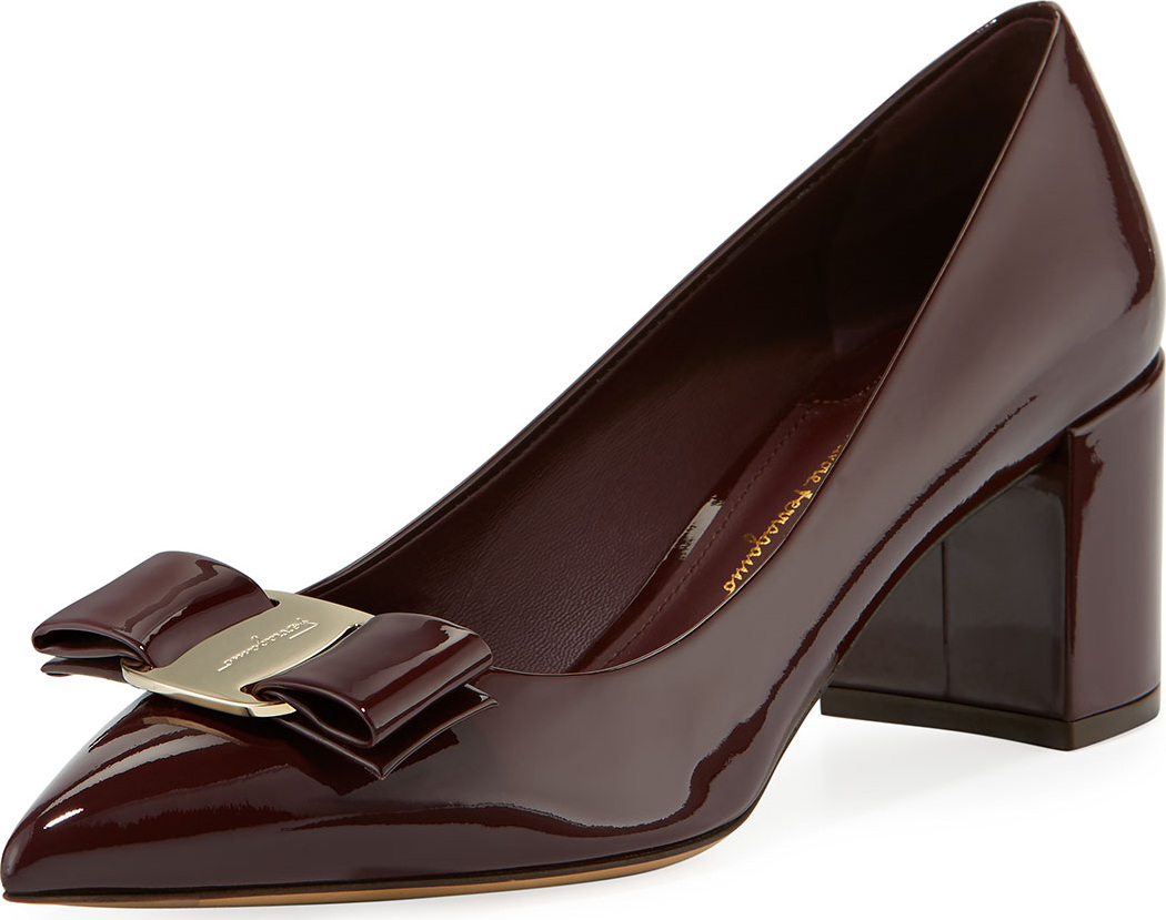 Salvatore Ferragamo Patent Leather Block-Heel Bow Pointed-Toe Pump