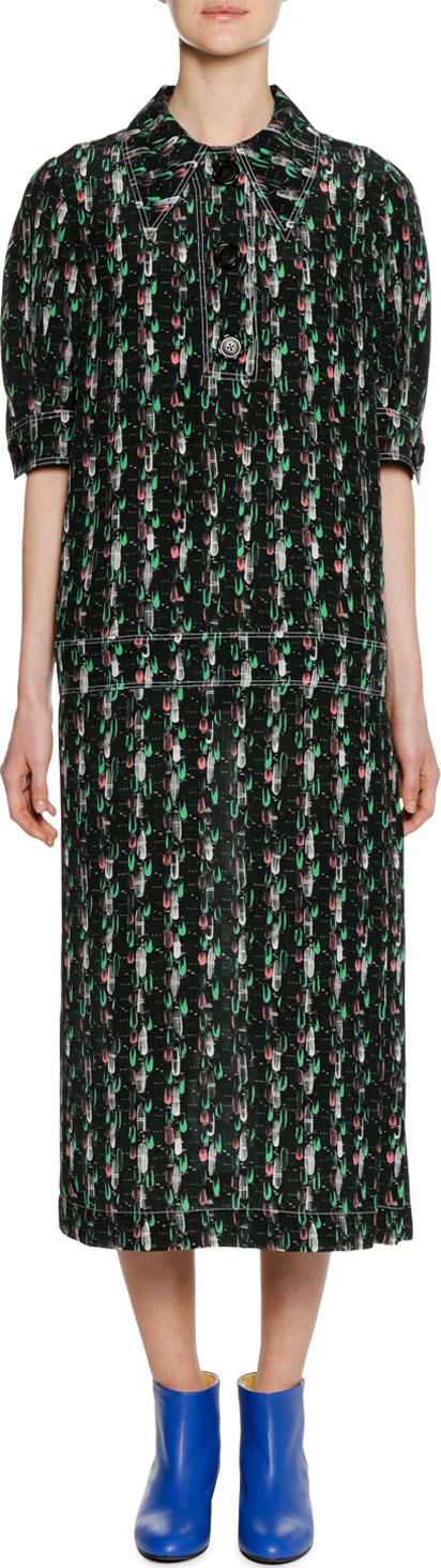 Marni Short-Sleeve Macro Tweed Print Silk Woven Mid-Calf Dress