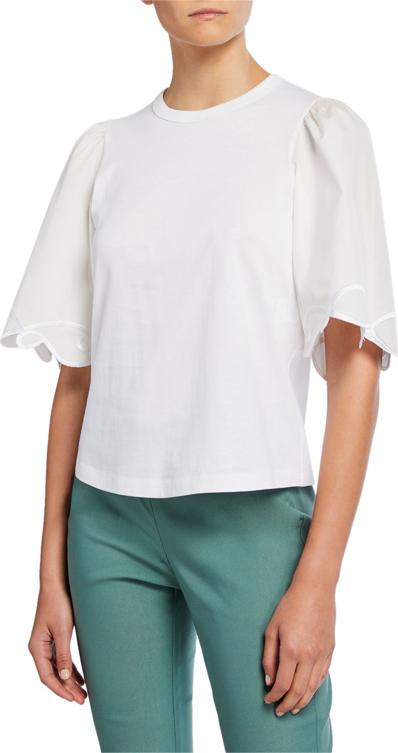 See By Chloé Crewneck Half-Sleeve Embellished Cotton Top