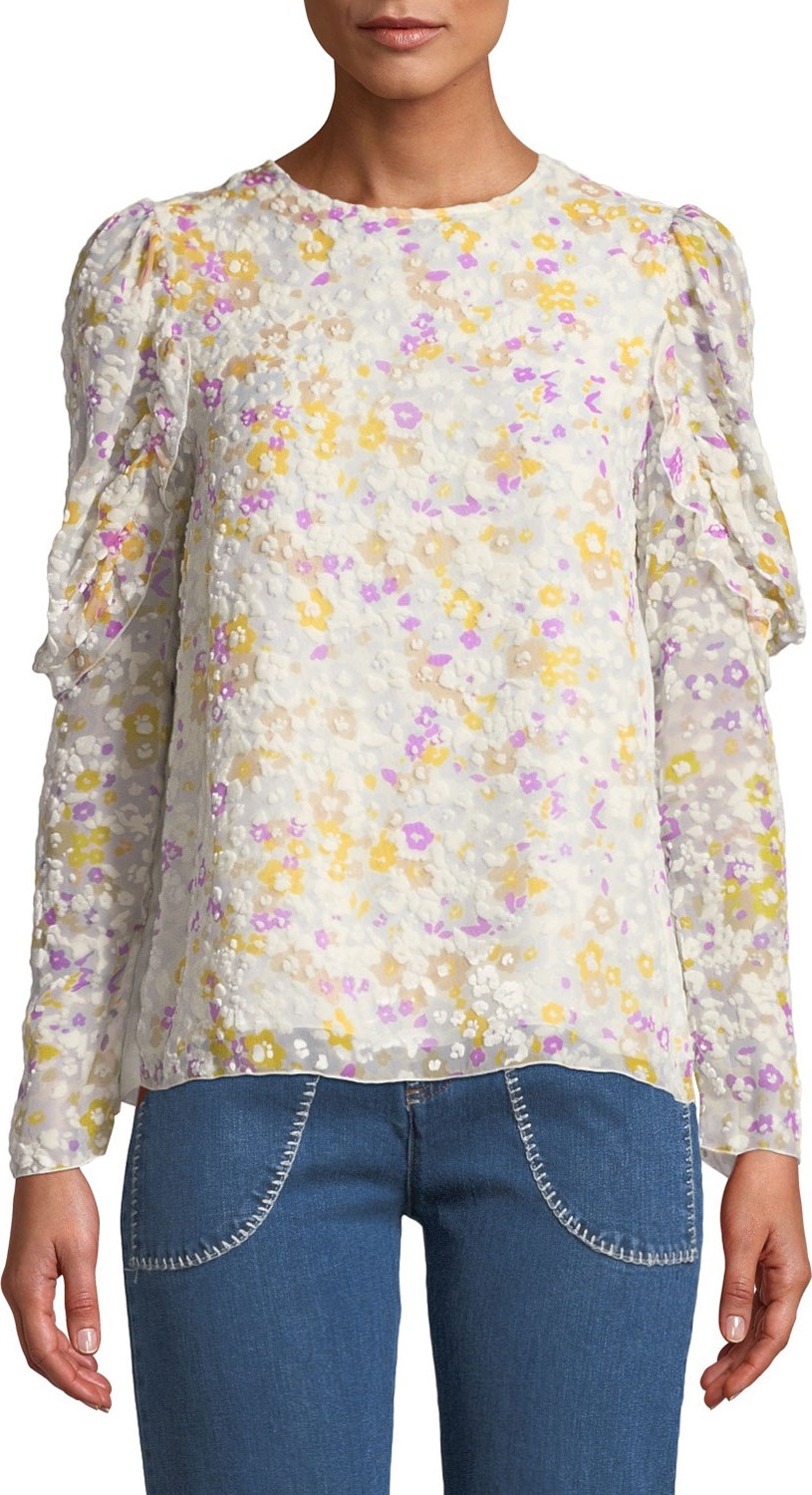 See By Chloé Floral Ruffle-Sleeve Crewneck Blouse