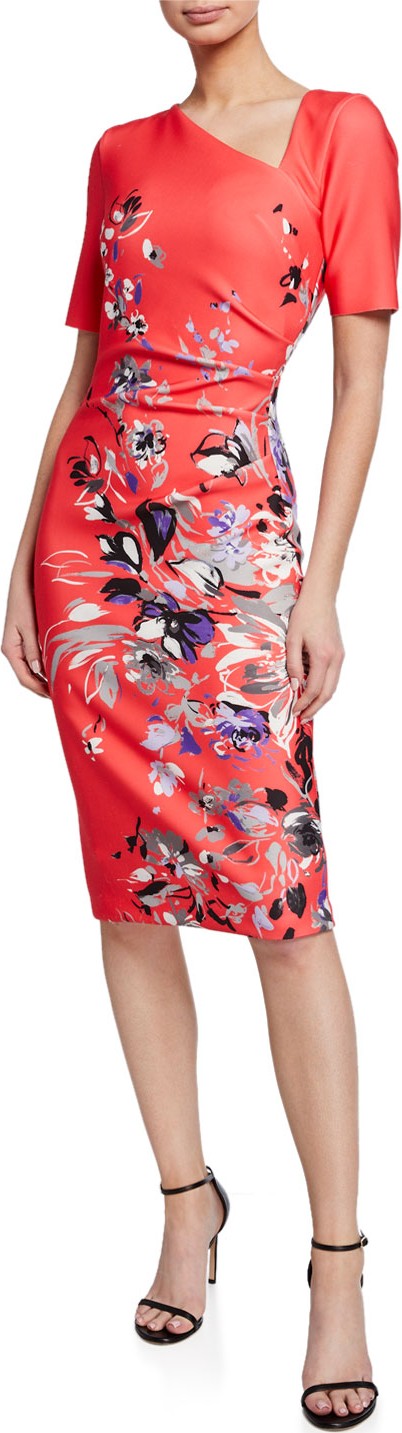 Rickie Freeman for Teri Jon Floral-Print Short-Sleeve Asymmetric Scuba Dress