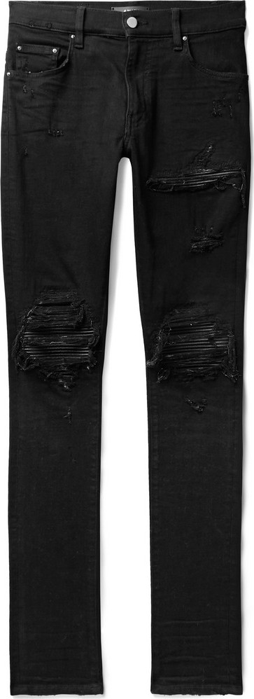 Amiri MX1 Skinny-Fit Leather-Panelled Distressed Stretch-Denim Jeans