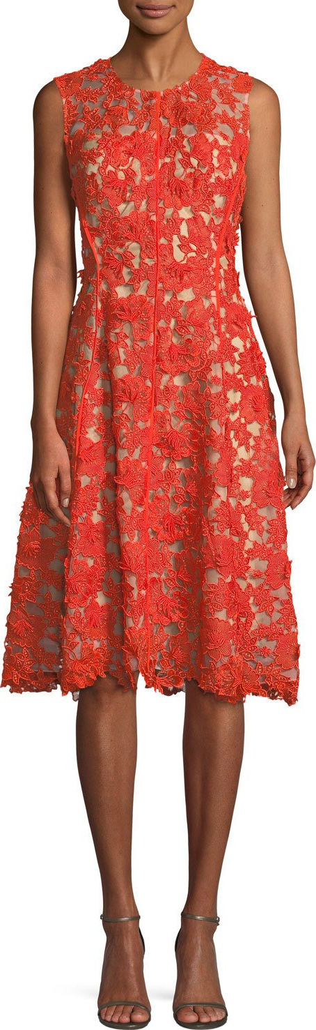 Lela Rose Sleeveless Lace-Guipure Fit-and-Flare Dress