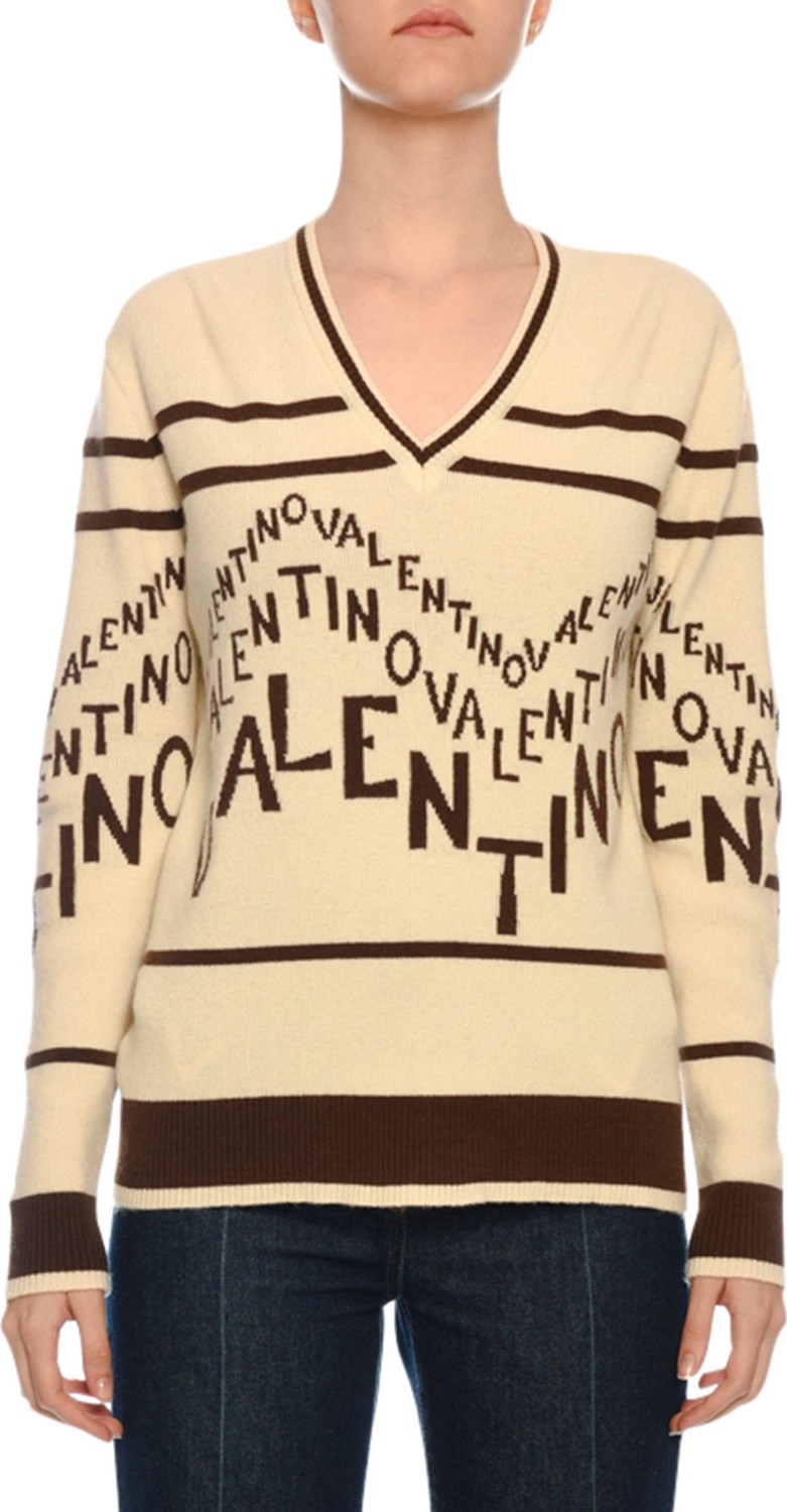 Valentino V-Neck Chevron-Logo Wool-Cashmere Sweater