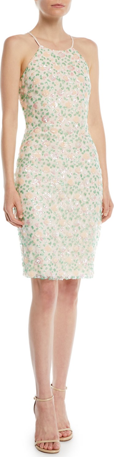 Badgley Mischka Floral Sequin Halter Cocktail Dress