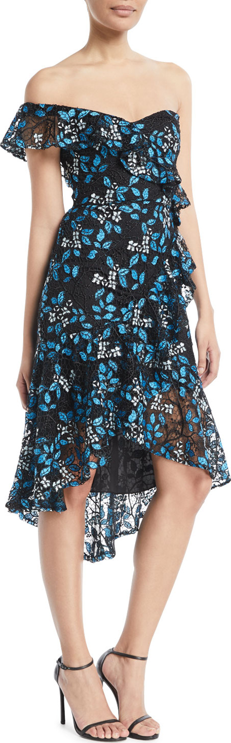 Monique Lhuillier One-Shoulder Floral-Guipure Lace Ruffle Dress