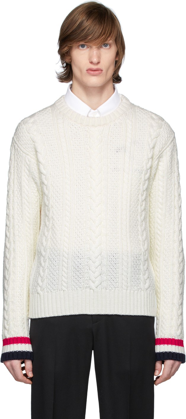 Thom Browne Off-White Merino Aran Cable Sweater
