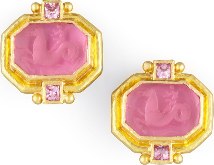 Elizabeth Locke Cherub & Sea Horse Intaglio Clip/Post Earrings, Pink
