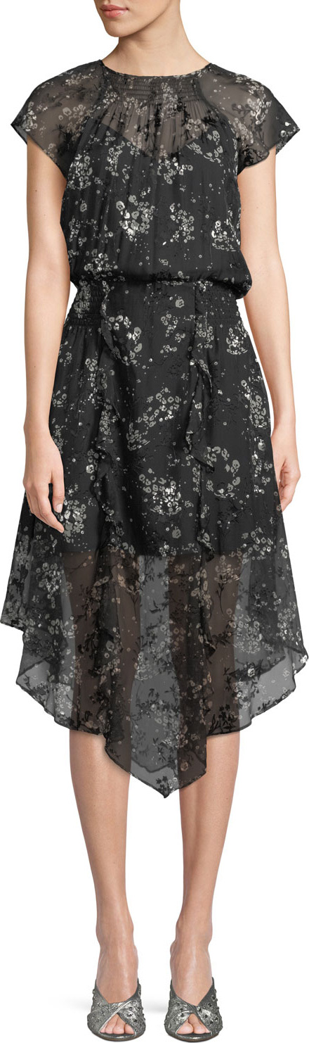 Parker Tegan Floral Textured Ruffle Midi Dress