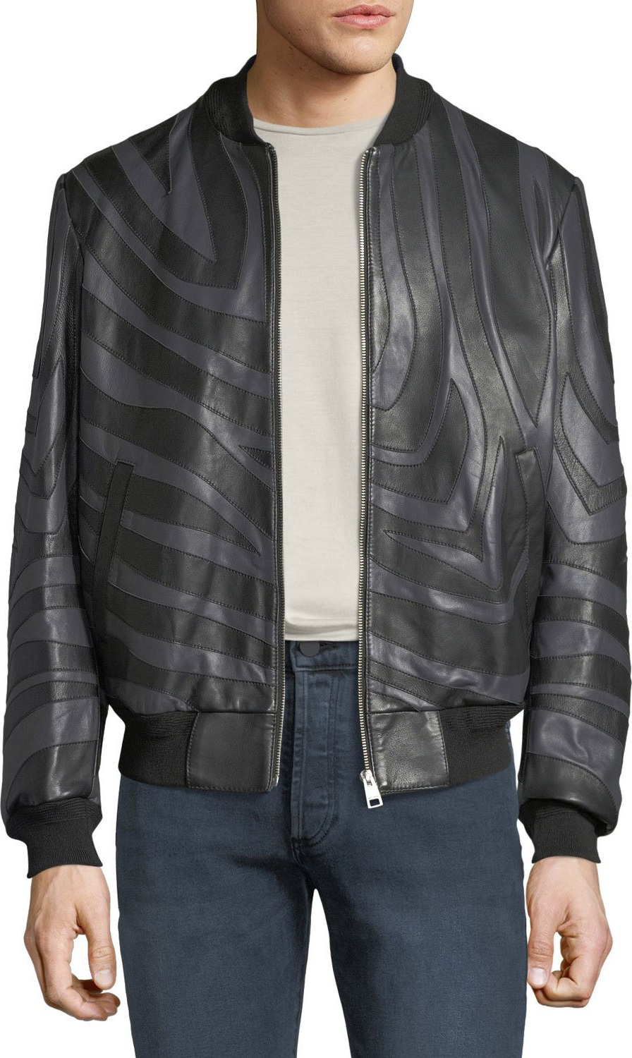 Just Cavalli Men's Tiger-Striped Leather Bomber Jacket