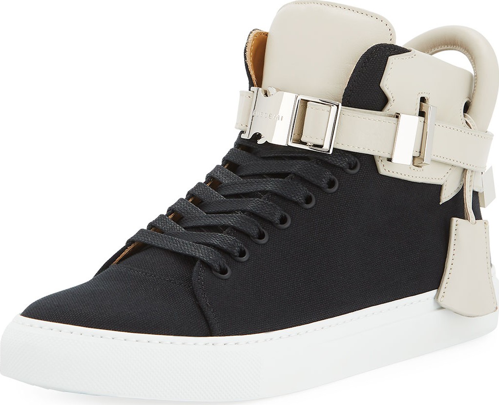Buscemi Men's 100mm Clip Canvas Mid-Top Sneakers, Black/White
