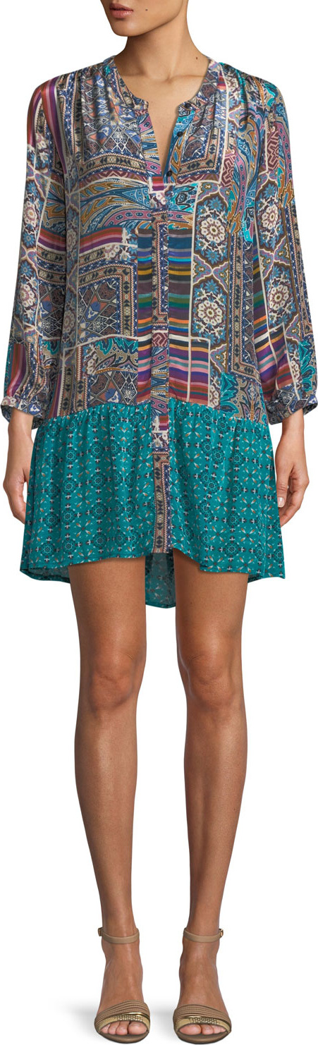 Tolani Alex V-Neck Button-Front Mixed-Print Tunic Dress