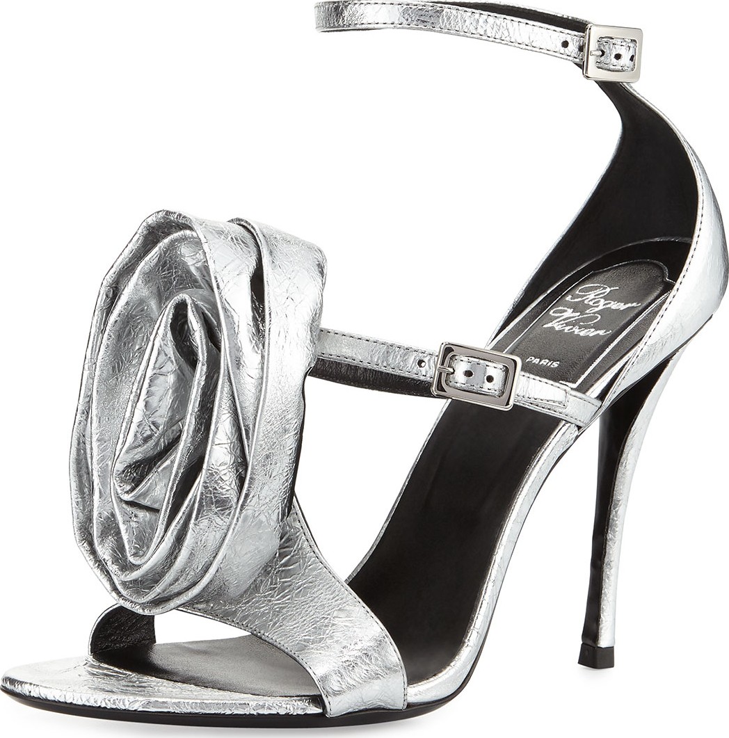 Roger Vivier Rose and Roll Leather 100mm Sandals, Silver Roger Vivier Rose and Roll Leather 100mm Sandals, Silver