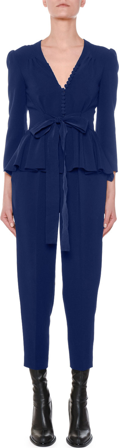 Stella McCartney Liliana V-Neck Button-Front Tie-Waist Peplum Slim Leg Jumpsuit