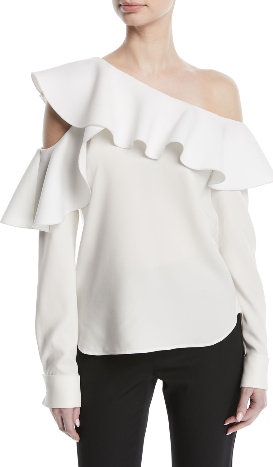 Oscar De La Renta Long-Sleeve One-Shoulder Ruffle Silk Blouse