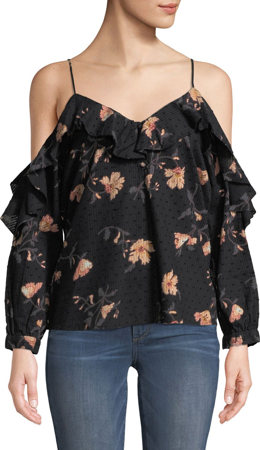 PAIGE Arabeth V-Neck Cold-Shoulder Floral-Print Cotton Dobby Blouse