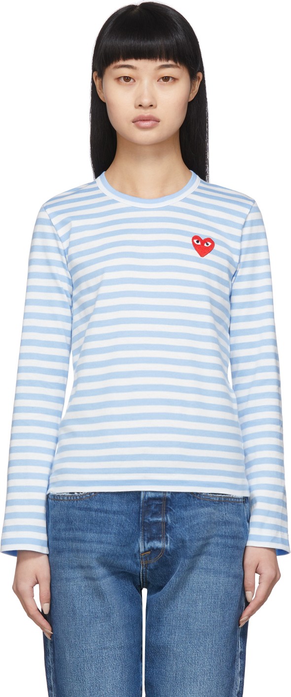 Comme Des Garcons PLAY Blue & White Striped Heart Patch Long Sleeve T-Shirt