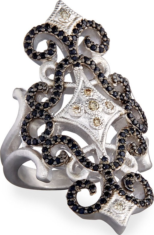 Armenta New World Pave Scroll Ring with Champagne Diamonds & Black Sapphires