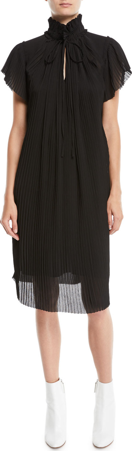 Opening Ceremony High-Neck Plisse Short-Sleeve Shift Dress