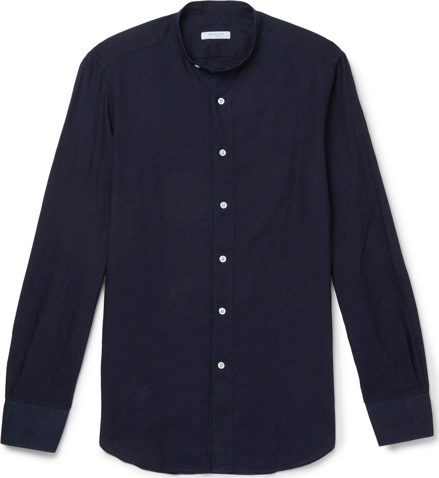 Boglioli Slim-Fit Grandad-Collar Linen and Cotton-Blend Chambray Shirt