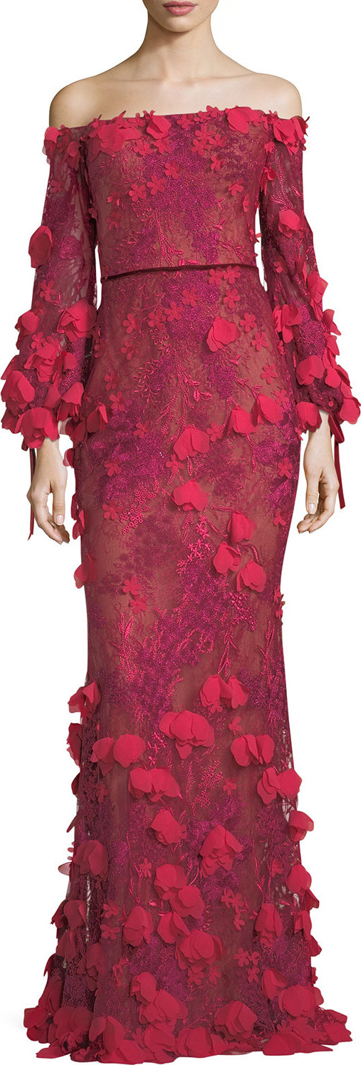 Marchesa Notte Off-the-Shoulder 3D Floral Mermaid Evening Gown