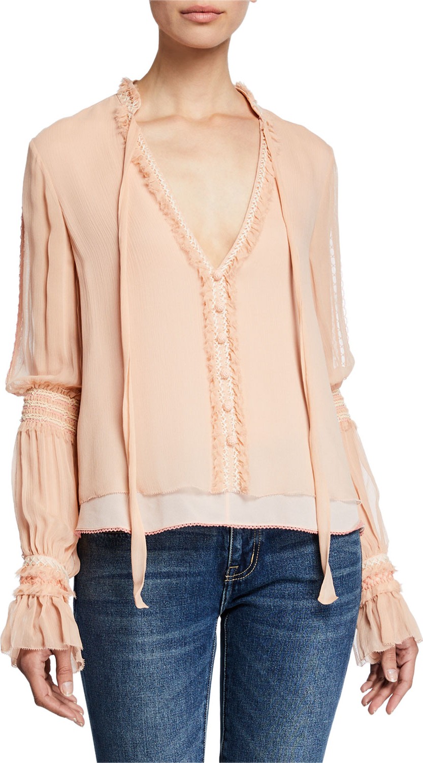 Jonathan Simkhai Smocked Chiffon Long-Sleeve Blouse