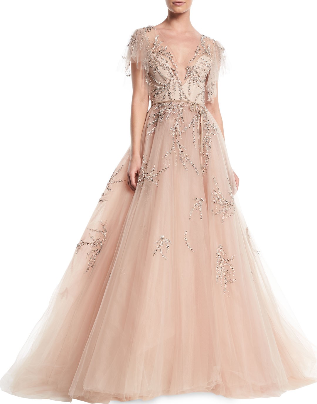Monique Lhuillier Plunging Cap-Sleeve Embellished Tulle Evening Ball Gown